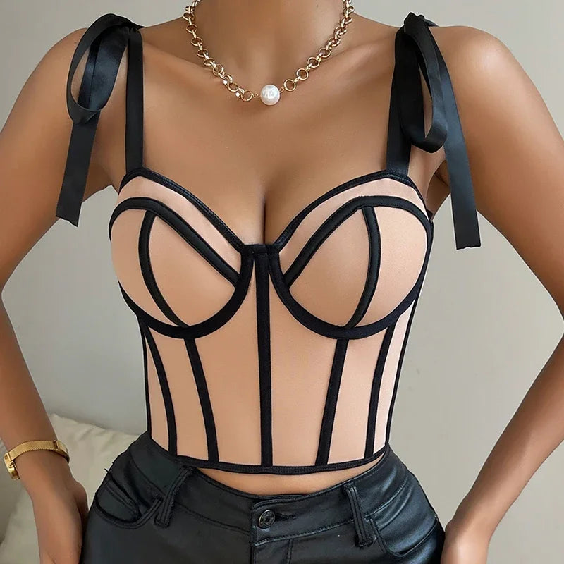 Women Lace up Straps Crop Tops Patchwork Stripe Sexy Tank Top Beach Camis Streetwear Tube Tops Women 2024 Spring Summer