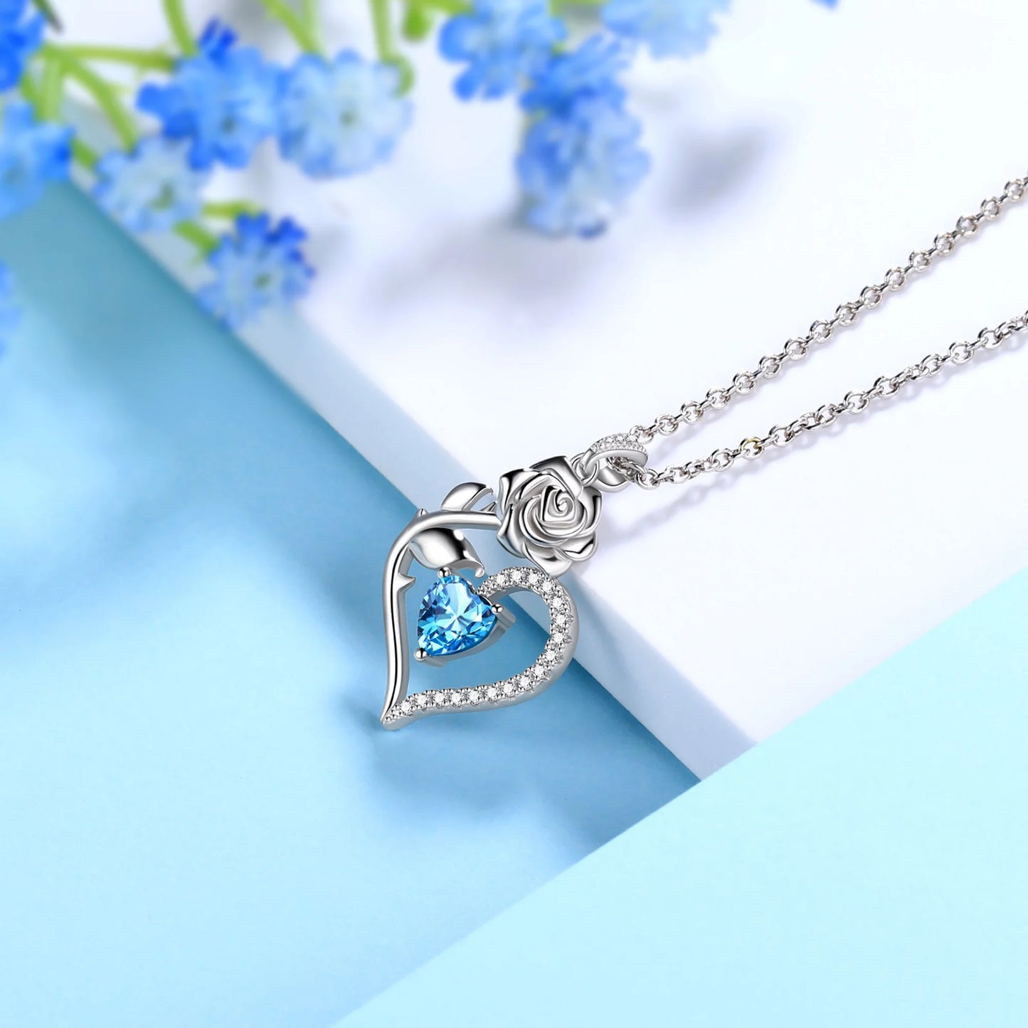 925 Sterling Silver Birthstone Necklace for Women,Rose Flower Heart Pendant Necklace Jewelry Gifts