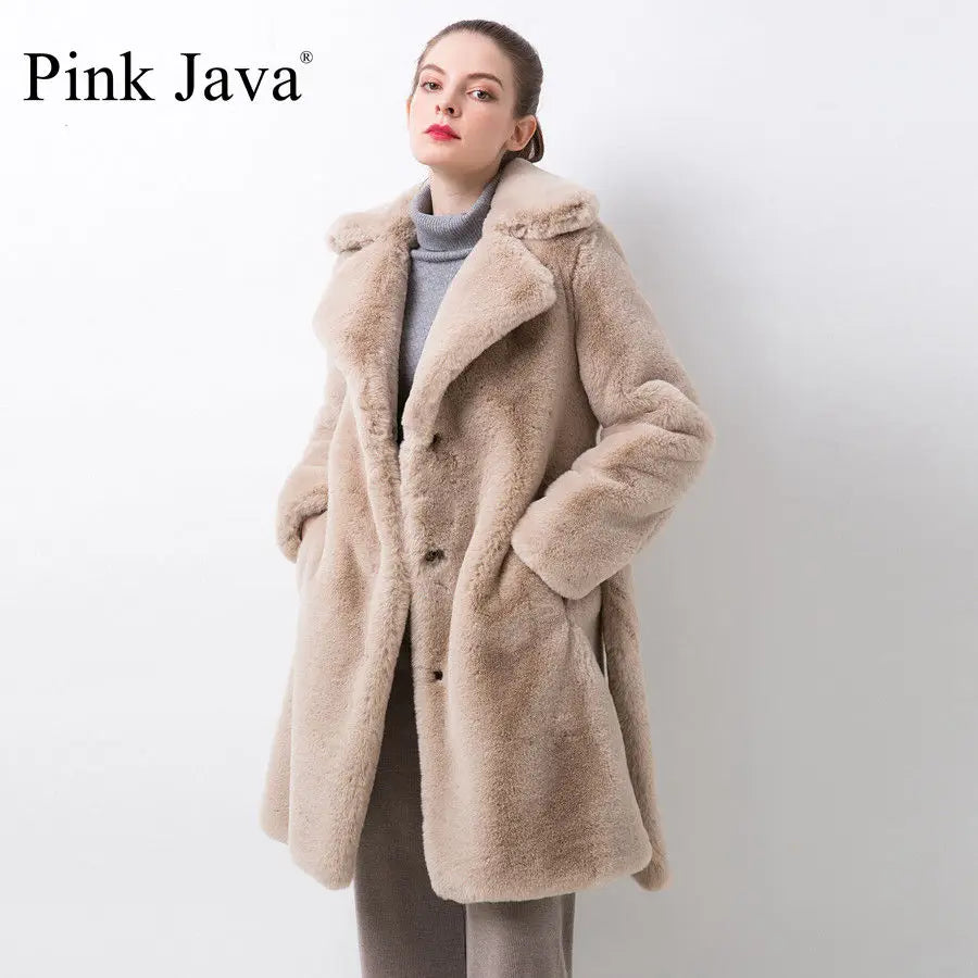 QC20048 New Arrival Women Winter Coat Faux Fur Long Coat Fake Rabbit Fur Overcoat