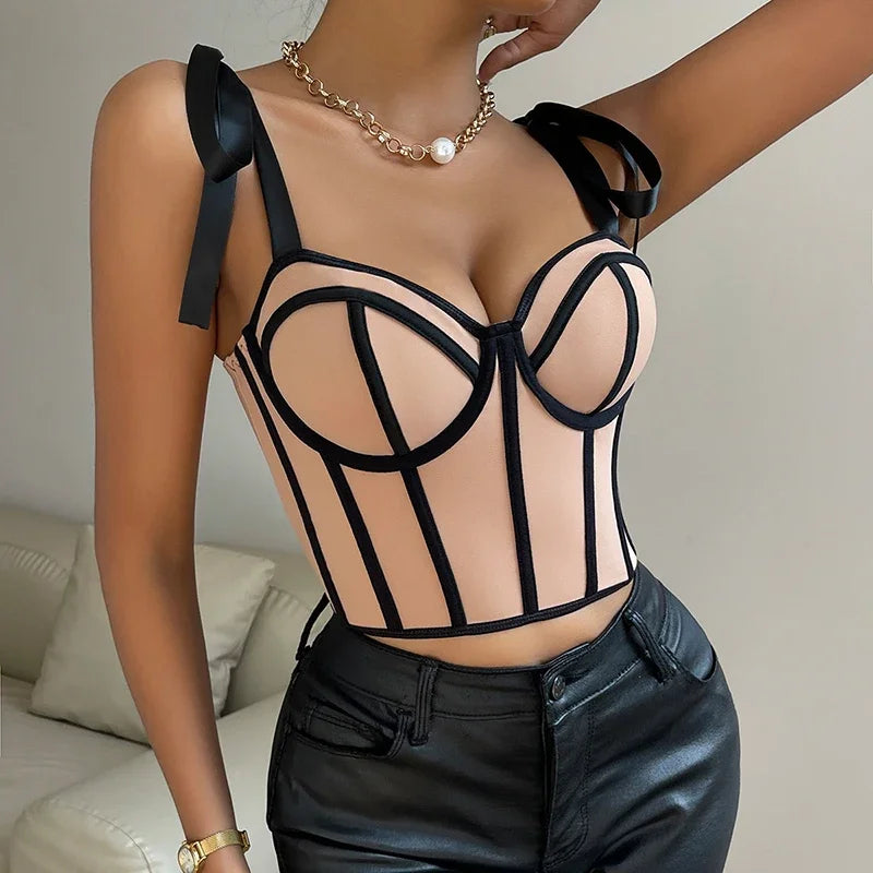 Women Lace up Straps Crop Tops Patchwork Stripe Sexy Tank Top Beach Camis Streetwear Tube Tops Women 2024 Spring Summer