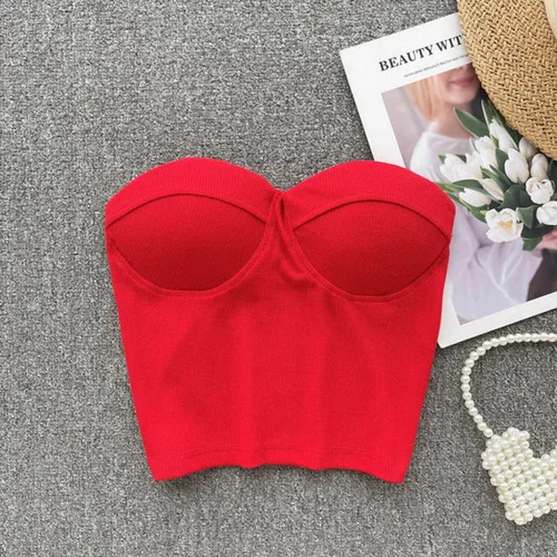 Strapless Western Style Skinny Tanks Camis for Women Summer Casual Solid Colours Female Corset Crop Tube Tops with Built in Bras