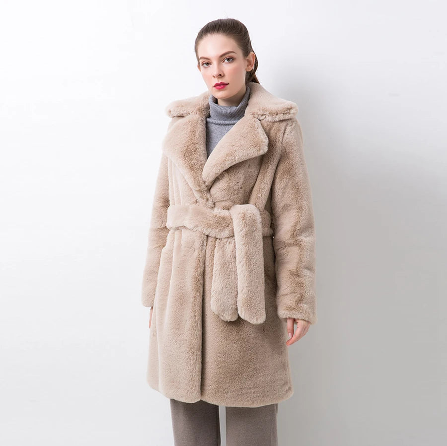 QC20048 New Arrival Women Winter Coat Faux Fur Long Coat Fake Rabbit Fur Overcoat