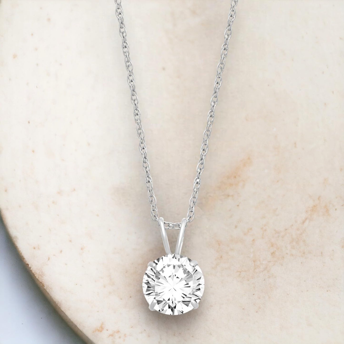 10K White or Yellow Gold Solitaire Pendant Necklace Set with round Cut Cubic Zirconia, 18" Rope Chain