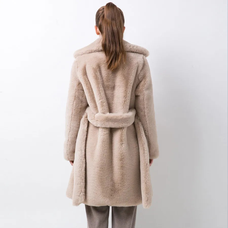 QC20048 New Arrival Women Winter Coat Faux Fur Long Coat Fake Rabbit Fur Overcoat