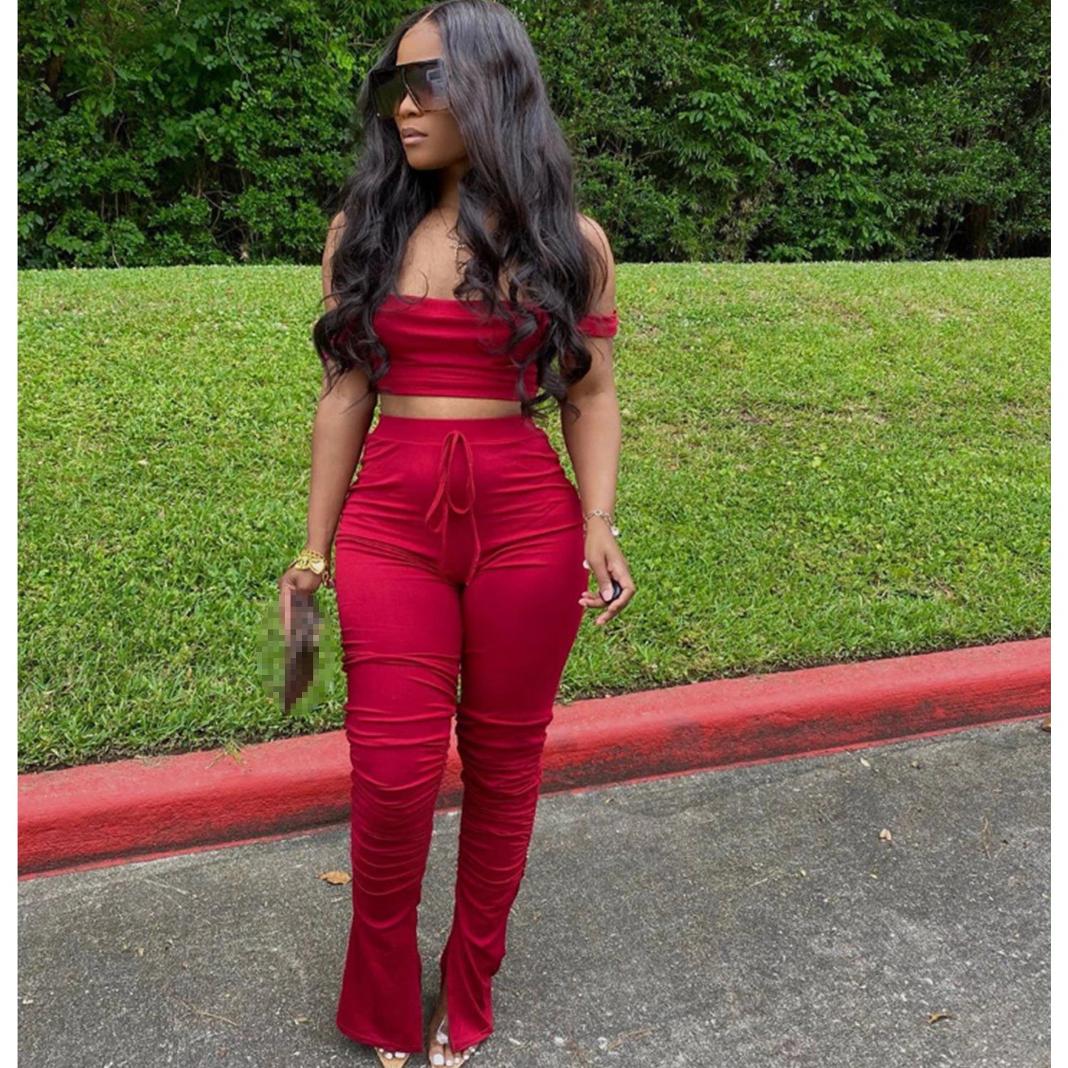 Two Piece Set for Women Two Piece Outfits Stacked Pants 2 Pieces Sets Women Crop Top Pants Stacked Leggings Outfits for Female