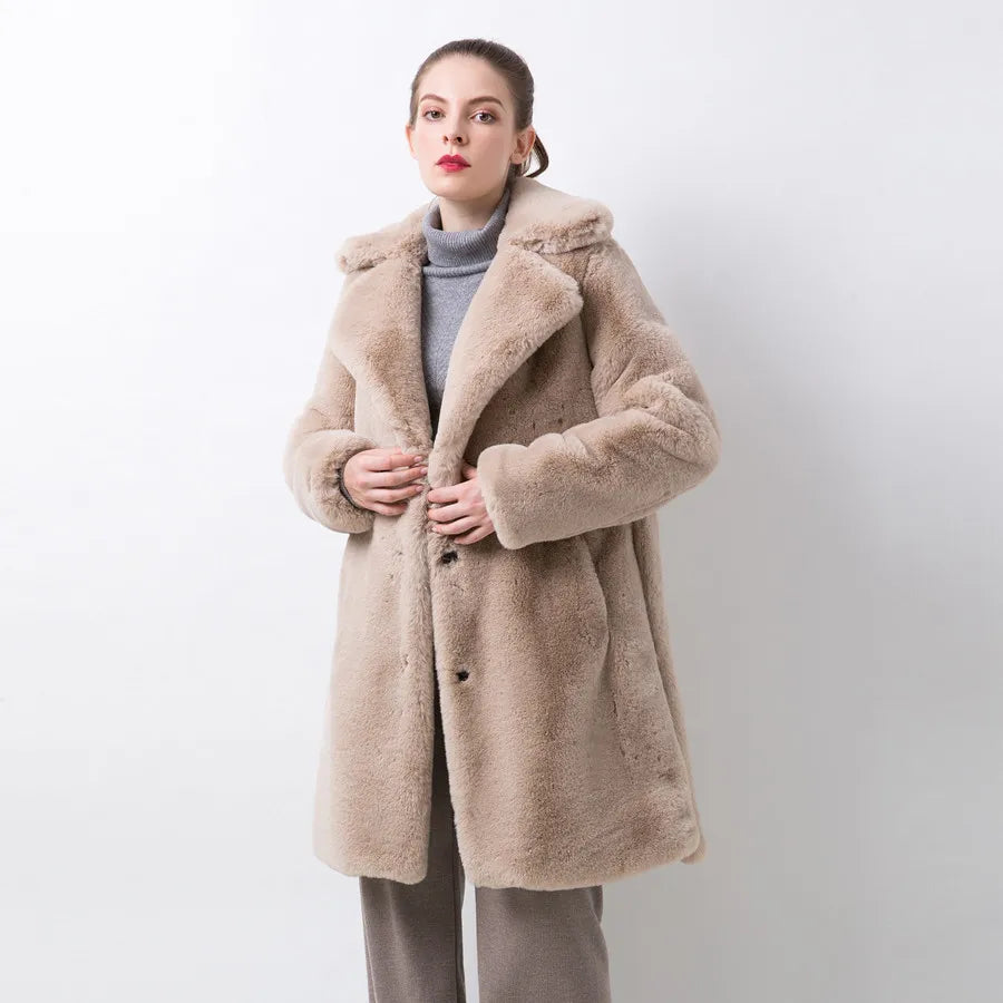 QC20048 New Arrival Women Winter Coat Faux Fur Long Coat Fake Rabbit Fur Overcoat