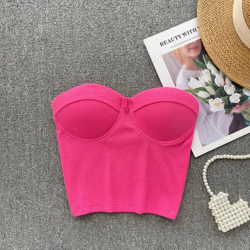 Strapless Western Style Skinny Tanks Camis for Women Summer Casual Solid Colours Female Corset Crop Tube Tops with Built in Bras