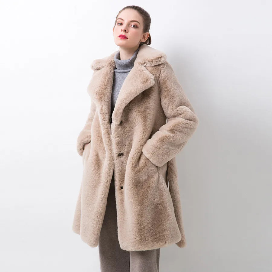 QC20048 New Arrival Women Winter Coat Faux Fur Long Coat Fake Rabbit Fur Overcoat