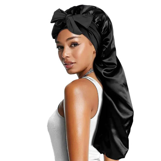 New Women Long Oversized Elastic Satin Bonnet Sleeping Cap with Ribbon Breathable Sleeping Cap Turban Sleep Headwear Bandanas