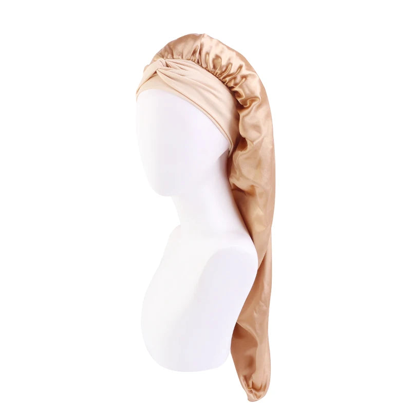 New Women Long Oversized Elastic Satin Bonnet Sleeping Cap with Ribbon Breathable Sleeping Cap Turban Sleep Headwear Bandanas